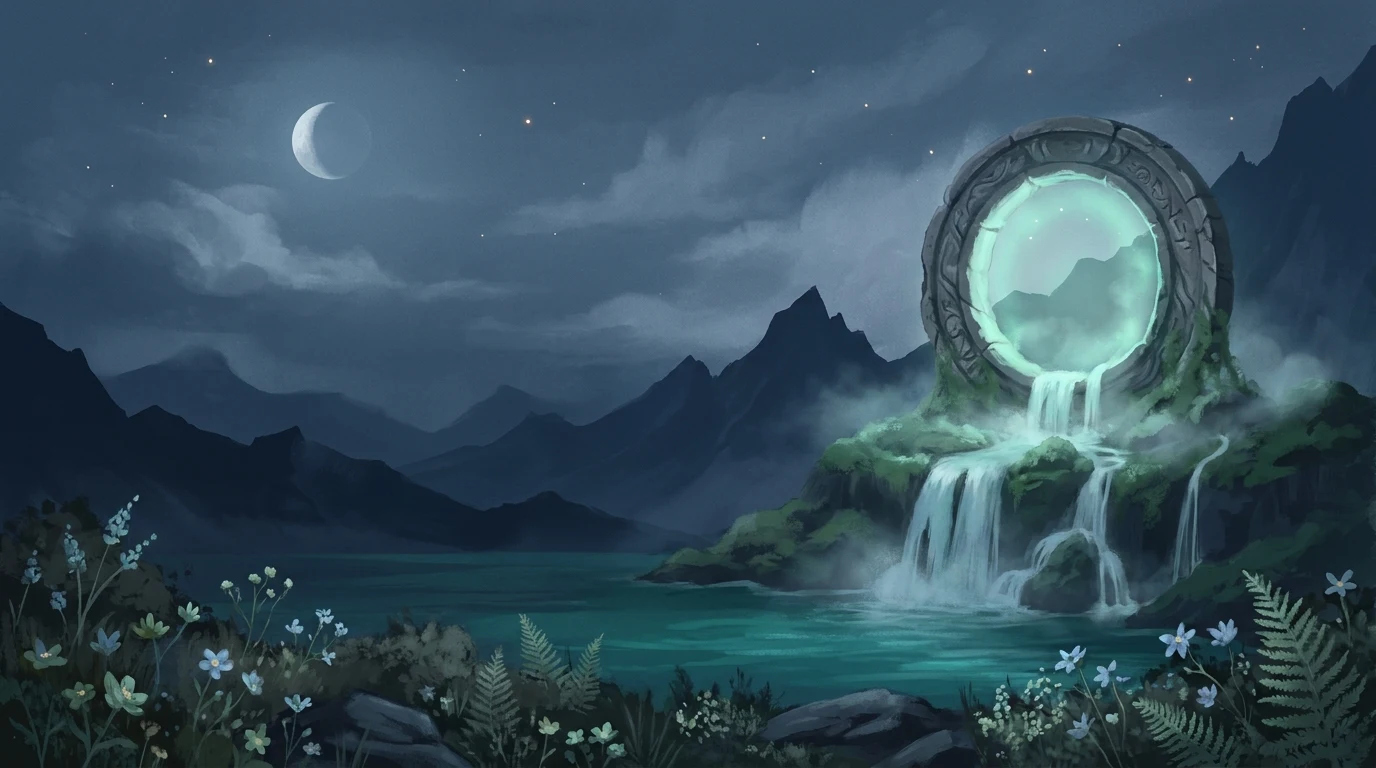 A moonlit lake and a luminous circular gateway above cascading waterfalls